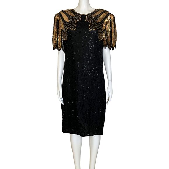 Vintage 80s 100% Silk Beaded Sequin Black Gold Cocktail Dress M/L Deco Flapper - Picture 2 of 15
